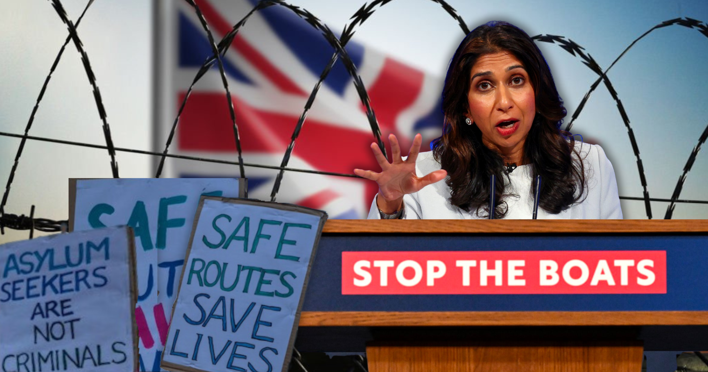 Illegal Migration Act 2023 - Blog Image Paragon Law Suella Braverman in front of protesters